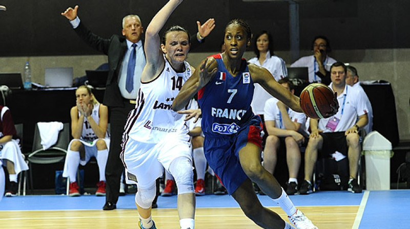 Anete Šteinberga un Sandrīne Grudā: nevienāda divcīņa. 
Foto: FIBAEurope/Herve Bellenger