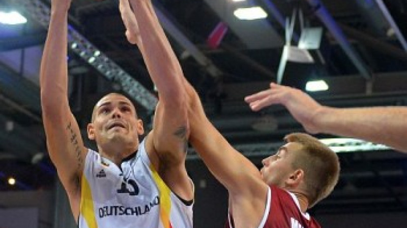 Mārtiņš Meiers: 14 punktu Latvijas valstsvienības labā spēlē ar Vācijas izlasi.
Foto: www.basketball-bund.de