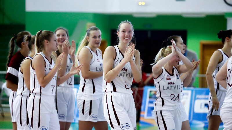 Latvijas U20 izlase: gandarījums par uzvaru.
Foto: FIBAEurope.com