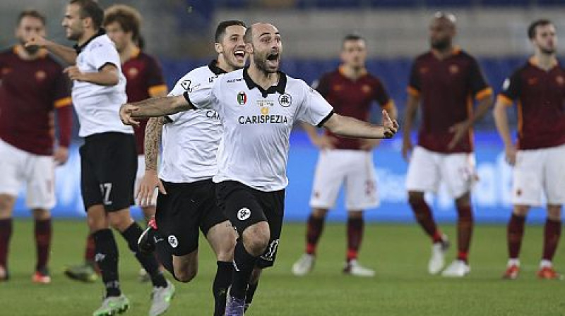 ''Spezia'' futbolisti līksmo pēc izcīnītās uzvaras pār ''Roma''
Foto: AP/Scanpix