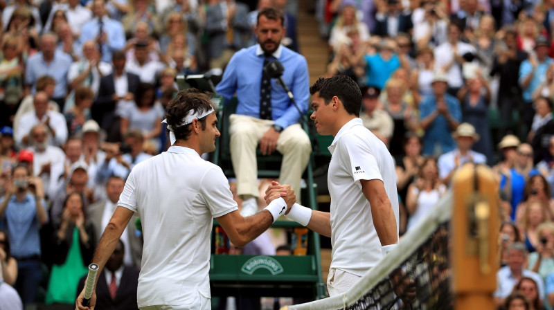 Rodžers Federers un Milošs Raoničs 2016. gada Vimbldonas pusfinālā
Foto: PA Wire/Scanpix