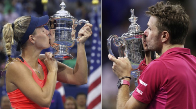 Pagājušā gada "US Open" čempioni Andželika Kerbere un Stens Vavrinka
Foto: AP/Scanpix