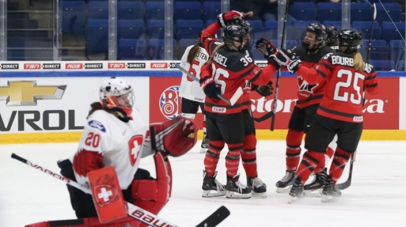 Kanādas izlase iemeta sešas ripas Šveices vārtos. Foto: IIHF