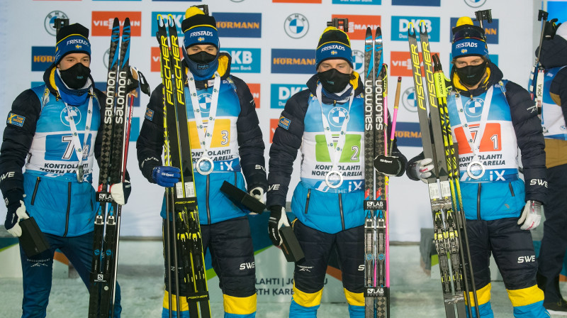 Zviedrijas biatlona stafetes kvartets. Foto: Mauri Ratilainen/EPA/Scanpix