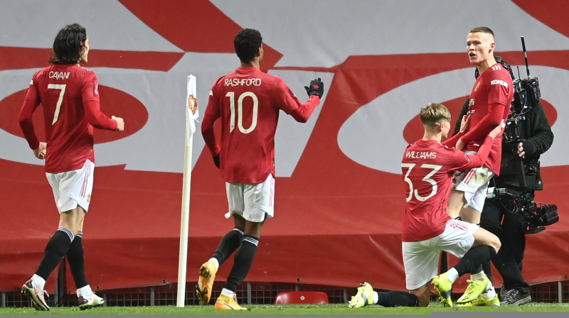 Mančestras "United" atzīmē Skota Maktomineja vārtu guvumu. Foto: AFP/Scanpix.ee