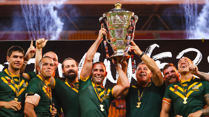 Austrālijas regbija līgas izlase pēc uzvaras 2017. gada Pasaules kausā, Foto:AFP/Scanpix