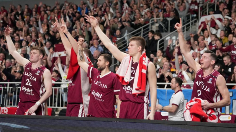 Latvijas izlases basketbolisti Foto: Edijs Pālens/LETA