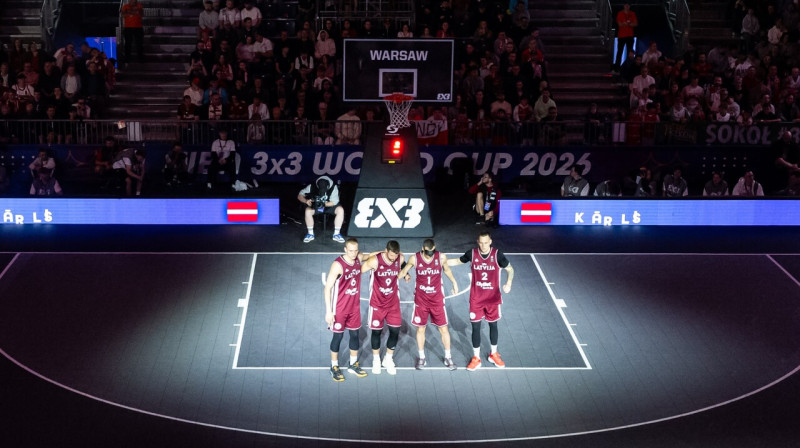 Latvijas 3x3 basketbola izlases kvartets Pasaules kausā Varšavā. Foto: FIBA