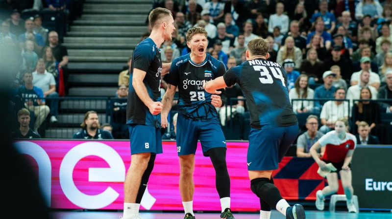 Igauņu volejbolisti cīņā pret somiem Tamperē. Foto: Linnea Laatikainen/CEV